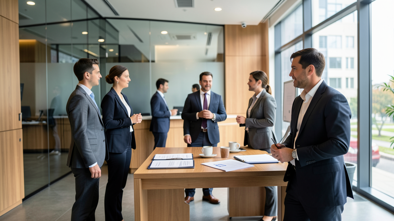 Un hall de réception de bureau moderne avec de grandes fenêtres, des matériaux en verre et bois, et des professionnels en tenue d’affaires discutant, éclairage naturel et profondeur de champ.